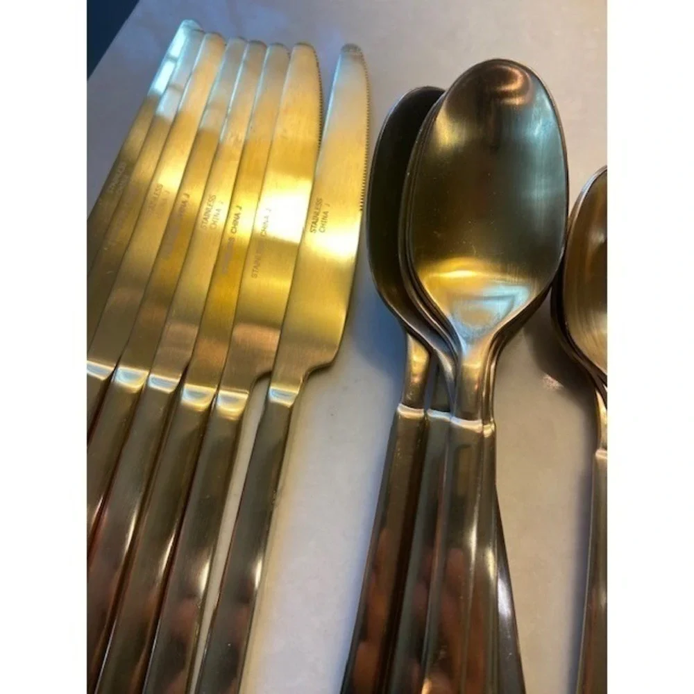 Gold Stainless Steel Flatware Set 39 Piece Modern Square Handle Satin Finish
